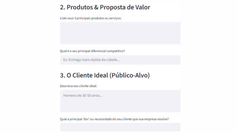 Mockup de definição de objetivos